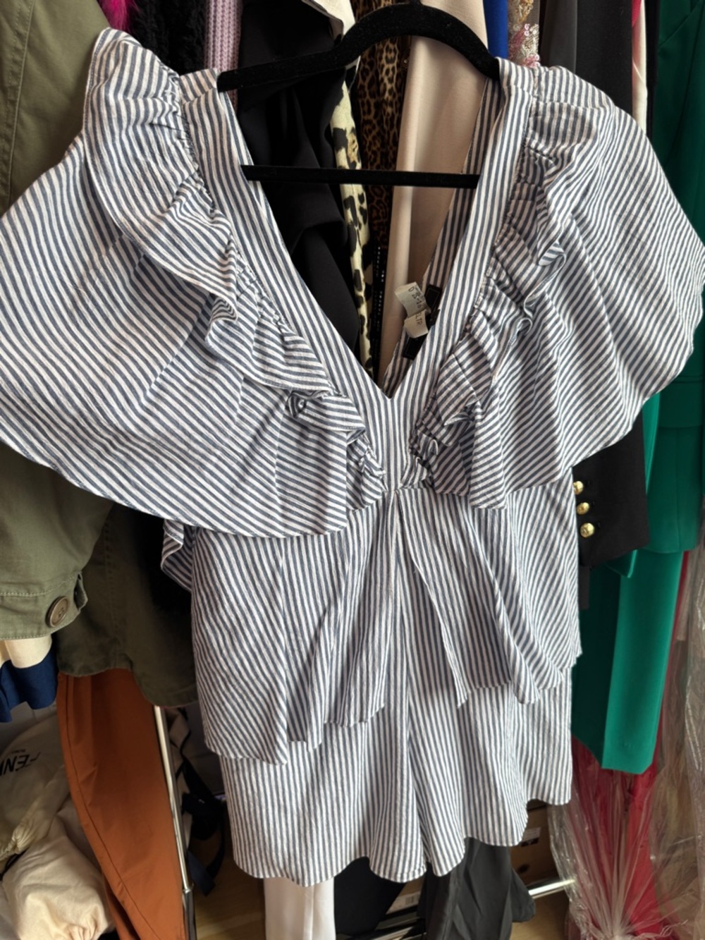 Bcbg MaxAzria Striped Ruffle V-Neck Women's Romper- Blue/White SMALL